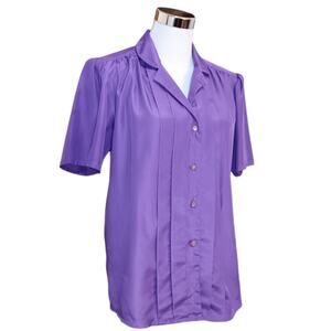 VINTAGE 80s 90s Blouse Top M/L(READ) Purple Tucks Pearlized Buttons Short Sleeve